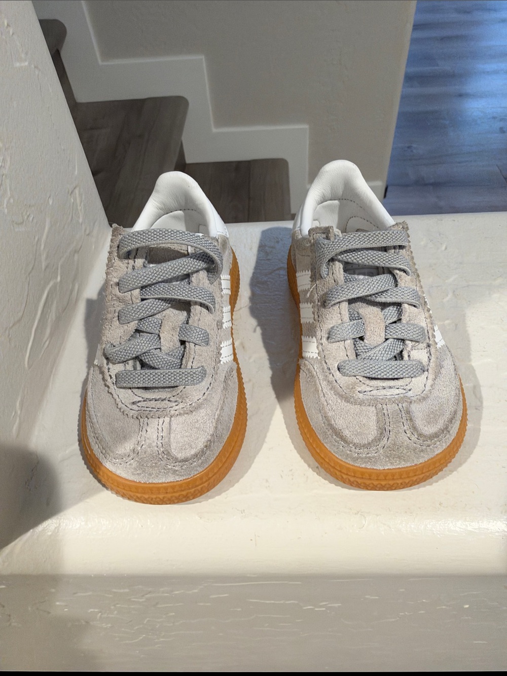 adidas toddler Suede Sneakers in Light Gray with Gum Sole